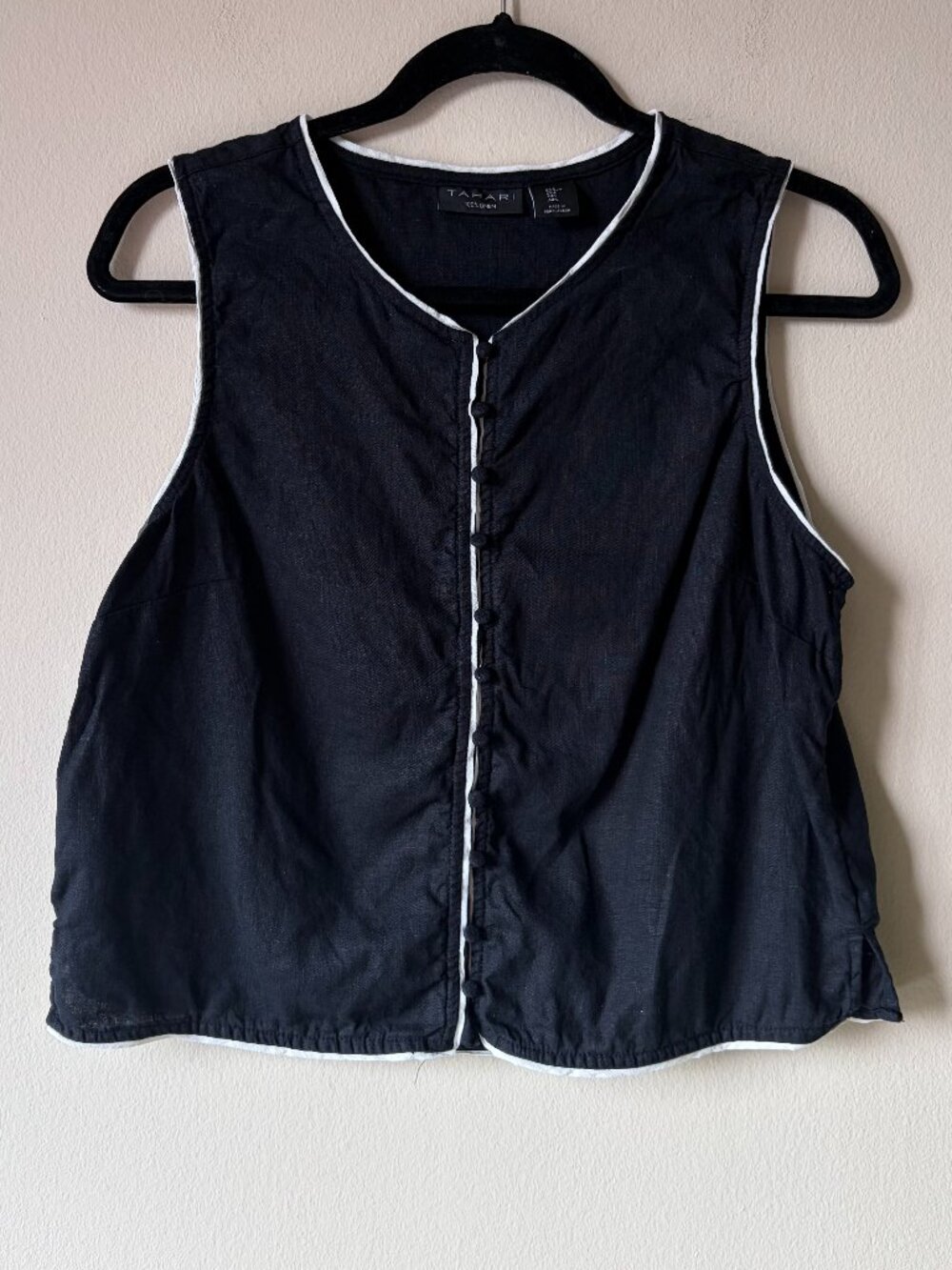 Tahari 100% Linen Black Button Front Vest Top Contrast Piping Large